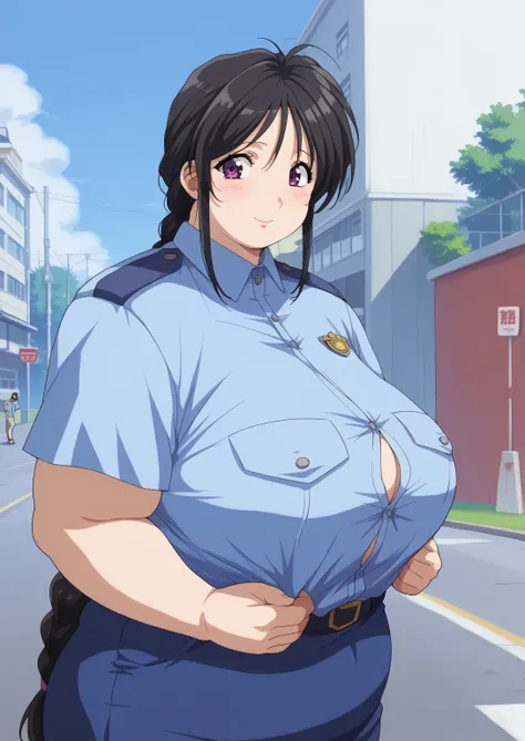 Miyuki Kobayakawa, Miyuki Kobayakawa, Police Officer,  Blue Police Uniform , Short sleeve, shirt,
Black Hair,side lock, low ponytail,  braids,  braided , long hair,purple eyes ssbbw , chubby,milf, score_9,   score_8_ up,   score_7_ up,   score_6_ up,   sco...