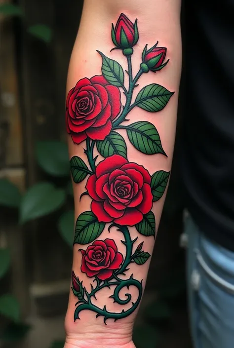 Forearm tattoo of a wild rose vine with deep red buds and green thorns 