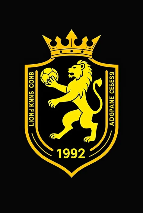 Can you help me create a logo?, takes the form of the dominant shield .  Yellow is the detail , black is the background , with 1 lion holding the ball with the two forelimbs, on the top of the crown , on the wall are the five founding teams : 1982.  On eit...