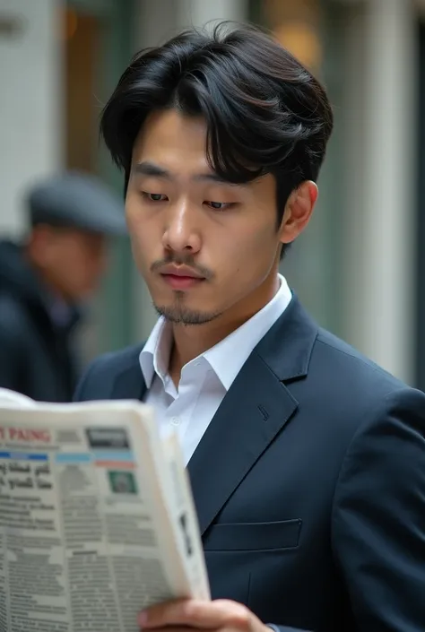 The muscular face of an Asian Korean man who seems to weigh about 186 cm and 90 kg is handsome like a man; he has no beard, he looks clean, and the background is a gentle figure looking at a newspaper with a homeless man. He is wearing a suit.