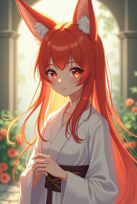  Female character , red hair/oranges;  she has fox ears . She is a priestess , i.e., white robes,  looking delicate and innocent.