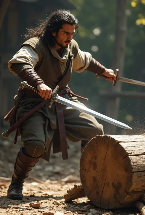 A person hitting a  log of wood with sward 