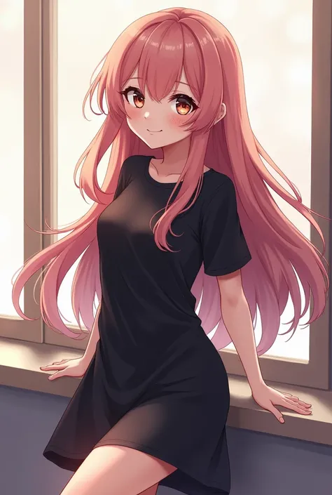  Female character anime version Her hair is long color 
 rosy
 Light skin tone
 Brown eyes 
 Tall stature
 She likes to wear long black t-shirts like printed anime dresses.