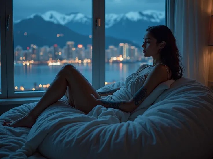 PLANO LEJANO. COMPLEX REALISTIC STYLE. TWO PEOPLE IN A HUGE POUF AND IN THE BACKGROUND A WINDOW WITH A BRIGHT CITY OF VANCOUVER AT NIGHT. A beautiful, sweet, innocent woman, IN PROFILE, with bright sapphire blue eyes, BLACK HAIR, sweet features while she h...