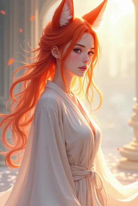  Female character , red hair/oranges;  she has fox ears . She is a priestess , i.e., white robes, delicate appearance, about s. It has an attractive and beautiful appearance.