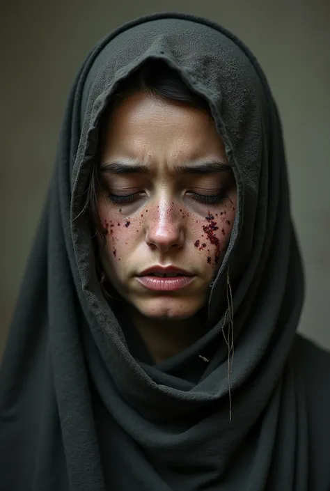   A picture of the face of a abused hijab woman with traces of abuse 