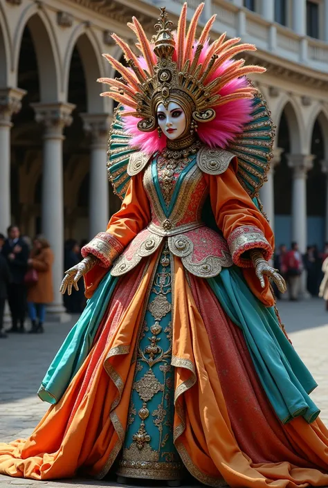 Multicolored fabric carnival costume with frame on the back and an impressive allegorical helmet inspired by the carnival of Venice