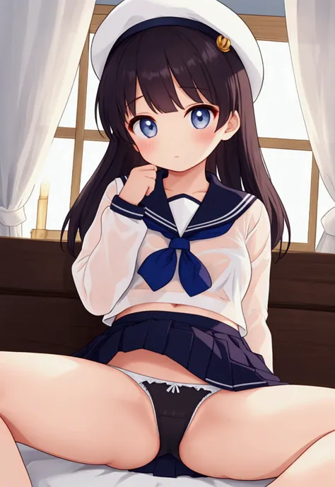  girl、 sailor suit,skirt lift、spread legs,see through panties