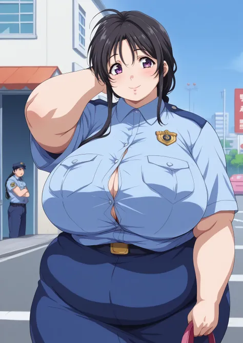 Miyuki Kobayakawa, Miyuki Kobayakawa, Police Officer,  Blue Police Uniform , Short sleeve, shirt,
Black Hair,side lock, low ponytail,  braids,  braided , long hair,purple eyes ssbbw , chubby,milf, score_9,   score_8_ up,   score_7_ up,   score_6_ up,   sco...