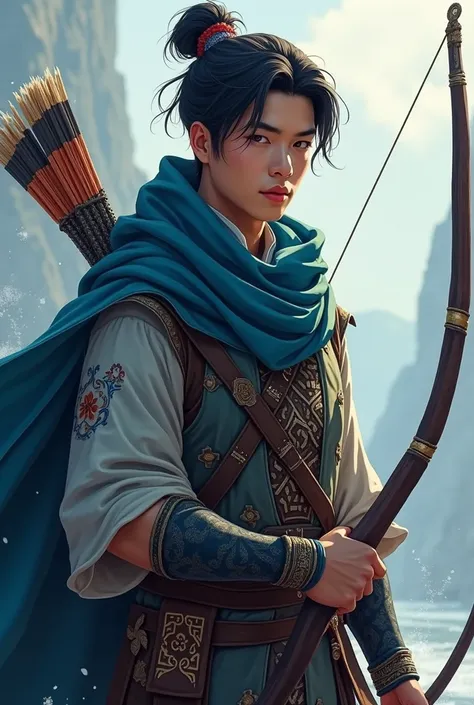 asian Chinese man , archer in a blue scarf with patterns, the face is visible, , 2d,  fantasy,  looks straight , nice face but not ish, the torso, face and arms should fall into the frame, age s young 