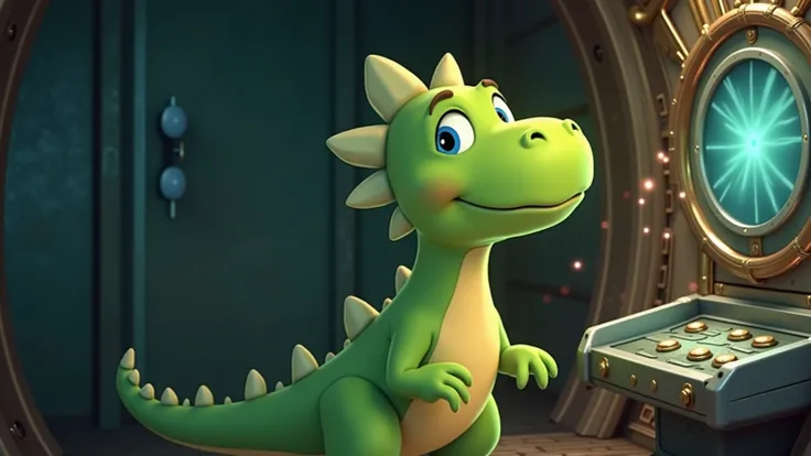  screen image for a Disney-style cartoon YouTube video story: The Dinosaur Returns Home :  Picture a little dinosaur with bright green skin ,  with his big, kind eyes and long ,  returns with a fluffy tail ,  to his era through a time machine .  The car lo...