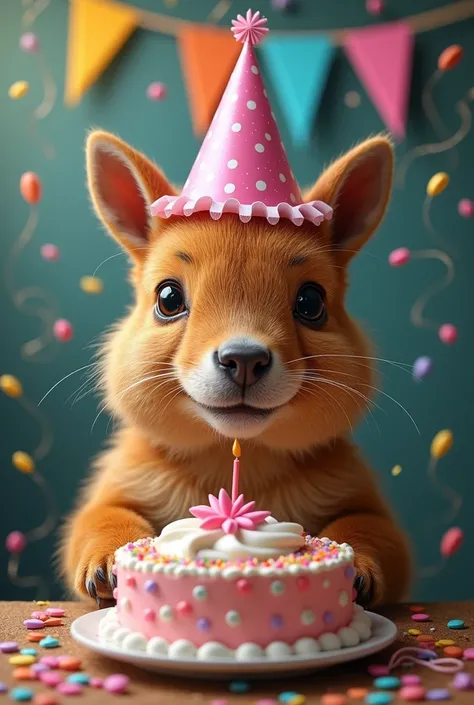  Create a funny birthday card with a Capipara birthday party .  The capibara wears a prty hat and a streamer and everything is realistically and colorfully decorated for a birthday party.  On this picture it is capitalized  "Happy Birthday, Jessy!". Everyt...