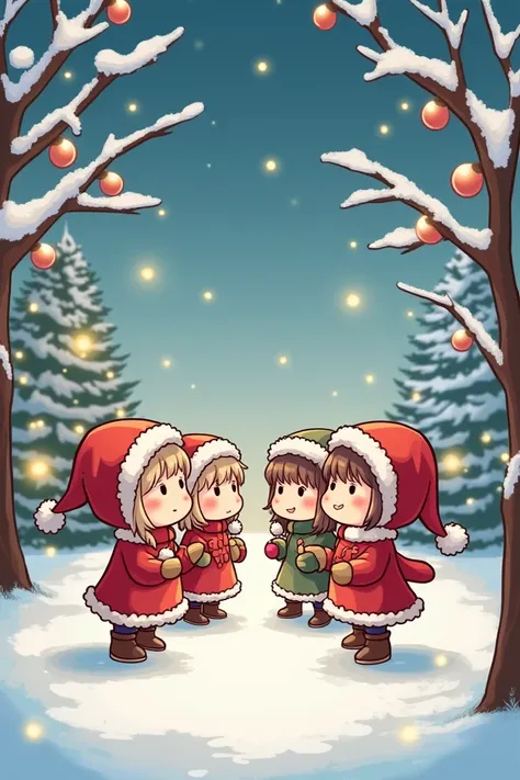 Base de dessin de style chibi manga avec 4 personnages dans un embiance de Noël 