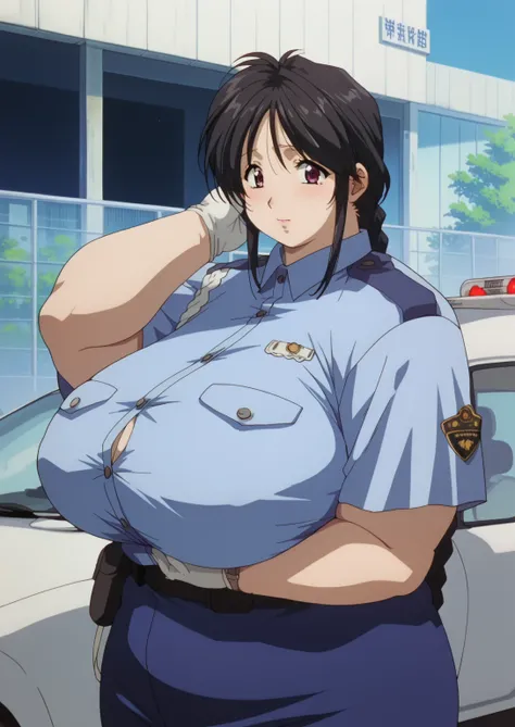 Miyuki Kobayakawa, Miyuki Kobayakawa, Police Officer,  Blue Police Uniform , Short sleeve, shirt,
Black Hair,side lock, low ponytail,  braids,  braided , long hair,purple eyes ssbbw , chubby,milf, score_9,   score_8_ up,   score_7_ up,   score_6_ up,   sco...