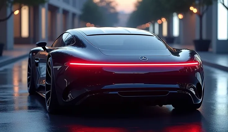 A high resolution image of 2025 mercedes  the image of the 
the interior view and showcasing a futuristic and sleek artists redesign. The car is positioned with its striking taillights illuminated, set a big white shoroom streetlights at dusk. The design s...