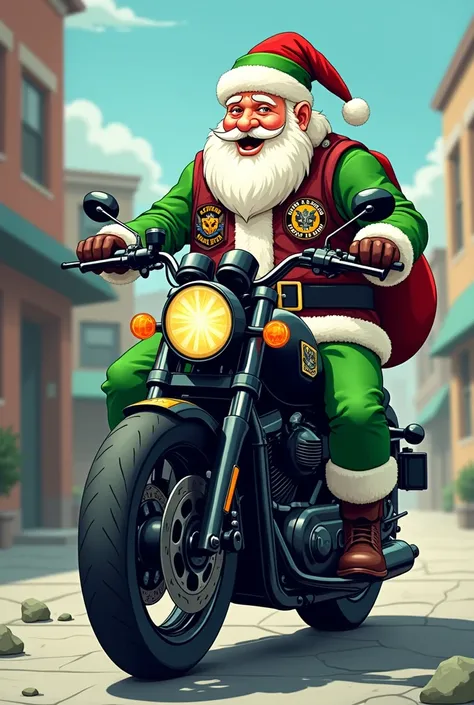 Make an image of a Santa Claus wearing a green hat and green clothes but wearing a motorcycle club vest riding the black Vulcan motorcycle in cartoon style