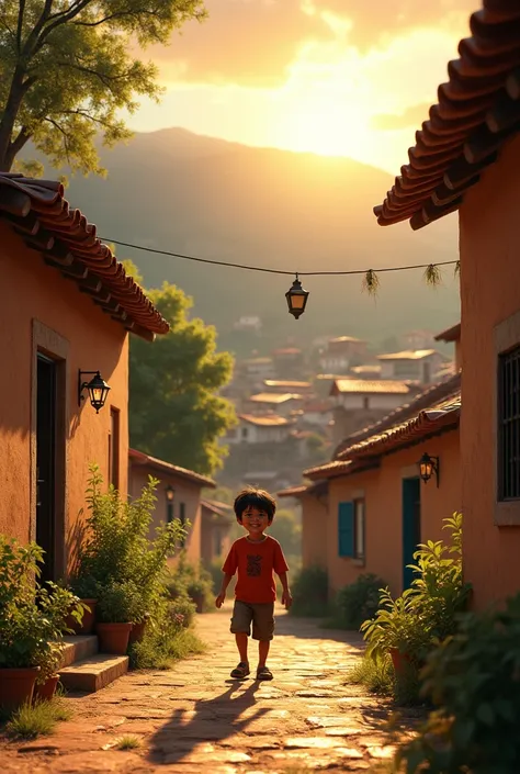 “A picturesque town in Arequipa at dawn ,  with a small  playing in the yard of a modest house.  The boy has a radiant smile that illuminates his face .”