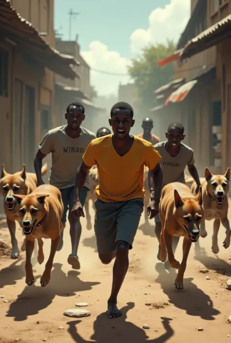 many African youths are chased by many dogs