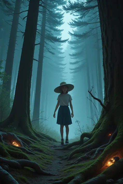 The girl wanders in the witchs forest, surrounded by tall pine trees and dim lights.