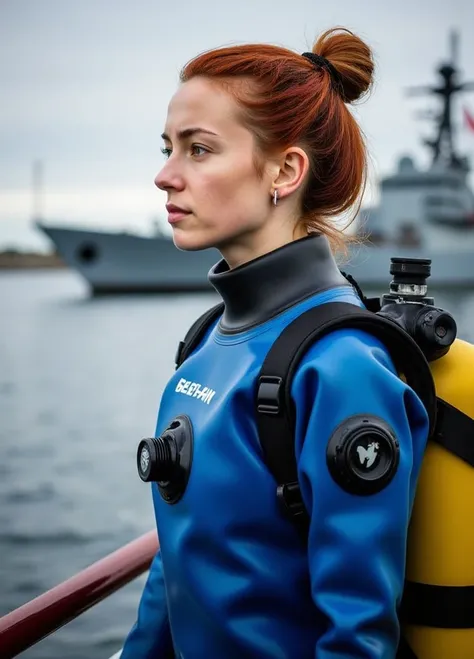 A documentary photo, Photo-realistic, ultra-realistic, (Cuban beautiful young woman, famous Cuban model,blond white hair:1.3, pascha hairblond:1.4,,boyish cool face:1.3, profile:1.3), wetlook rubberish blue clothes,, she is a military diver of Cuban navy, ...