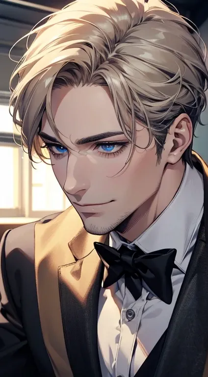 (best quality,4k,8k,highres,masterpiece:1.2),ultra-detailed,(realistic,photorealistic,photo-realistic:1.37),1 man,31 years old,mature man,very handsome,without expression,smile,short grey golden hair,blue eyes,penetrating gaze,perfect face without errors,i...