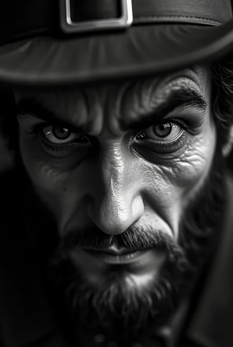  I need the darkest look of a leprechaun in black and white .  In album format for Spotify . 
 The eye has to have realistic details with shine the skin a little wrinkled, some dark circles under the eyes .  The image has to be dark . 