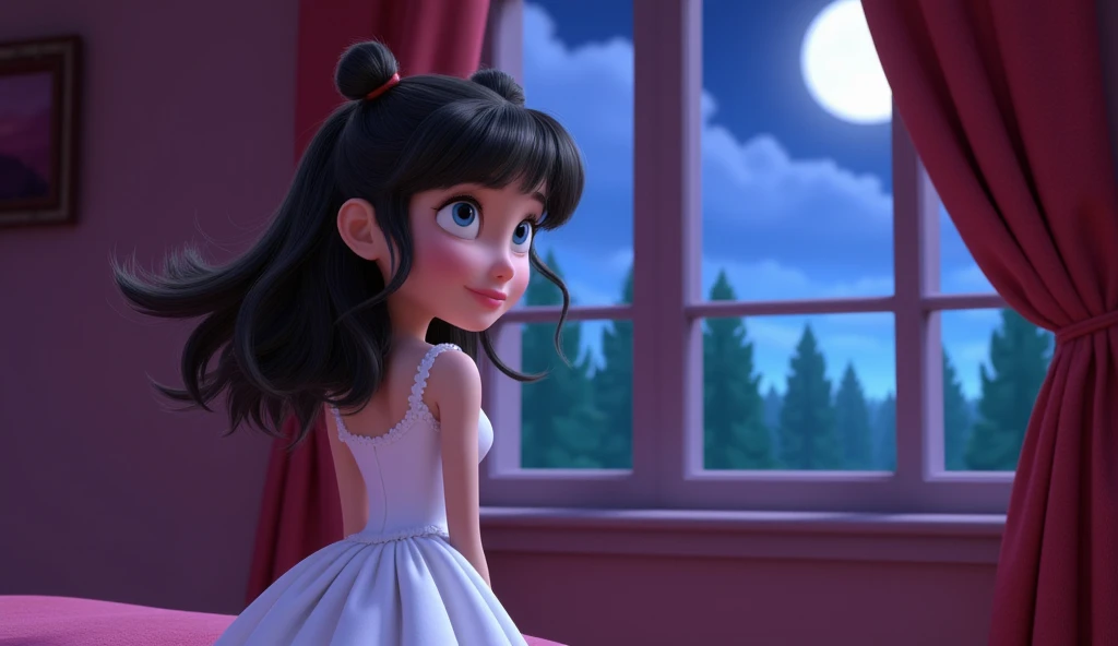 The style is 3D Pixar animation with a Vibrant color palette, in 3 D animation image of a cute and adorable with her hair into two buns on top and bangs, wearing a white princess dress, standing at the window of the palace room, looking towards the forest,...