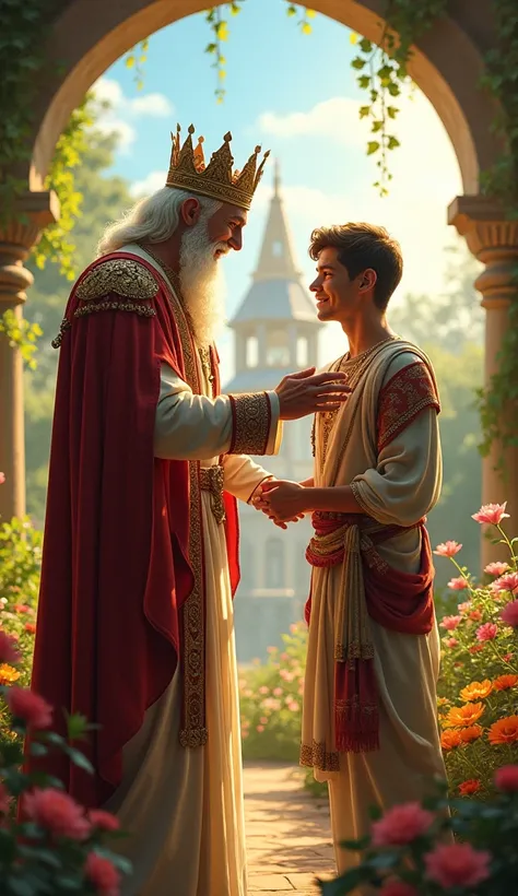 The king placing a hand on Aryan’s shoulder, his expression filled with pride and affection. Aryan bows slightly, smiling humbly. The scene is set in the royal garden, filled with vibrant flowers, lush greenery, and golden light reflecting the warmth of th...