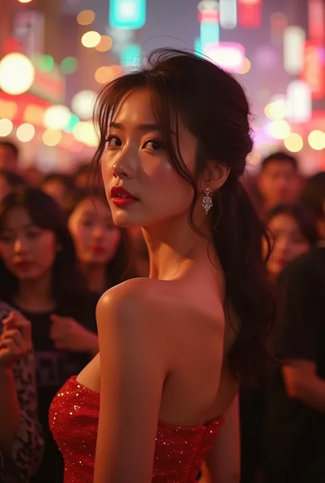 A beautiful Korean girl wearing a graceful party dress is in the New Years Eve crowd