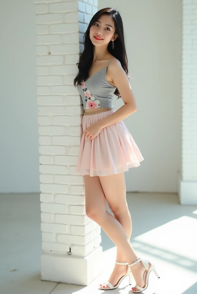 A young Asian woman, likely in her late teens or early twenties, stands leaning against a white brick pillar.  She displays a confident, poised posture, and her expression is pleasant and approachable.  Her black hair is long and straight, styled down.  He...