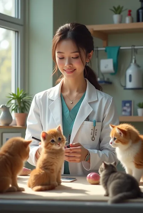 A female veterinarian caring for many animals in her veterinary office 