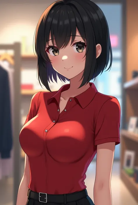 A close view of young anime woman standing in a store, with short straight black hair and black eyes, wearing red skinny polo shirt with short sleeves and black trousers, big breasts, looking with smile