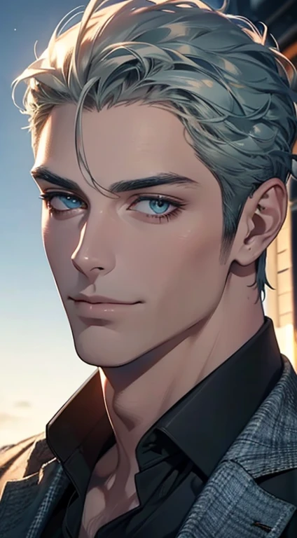 (best quality,4k,8k,highres,masterpiece:1.2),ultra-detailed,(realistic,photorealistic,photo-realistic:1.37),1 man,31 years old,mature man,very handsome,without expression,smile,short grey green hair,blue eyes,penetrating gaze,perfect face without errors,im...