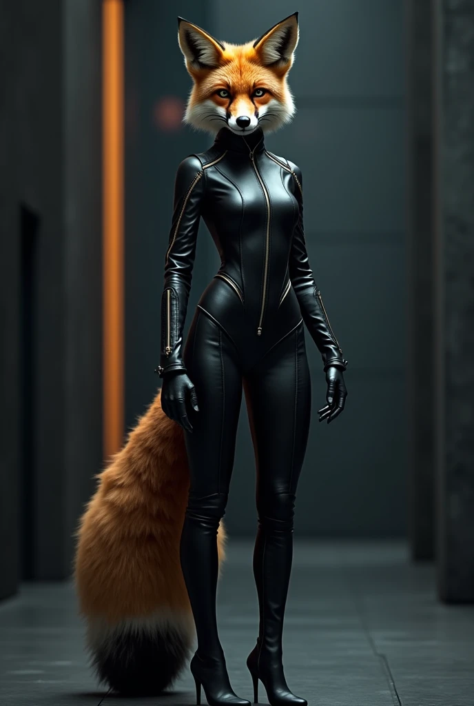 Transform into a fox wearing a leather suit