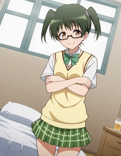 score_9, score_8_ up, score_7_ up,  Source_Anime, Sawada Mio  ,  short hair, Green Hair,  twin tails,  brown eyes, glass,  Half Rimless Glasses ,  underrim eyewear with my own arms,  wore glasses,, green  skirt,  check pattern ,  check pattern   skirt, sai...