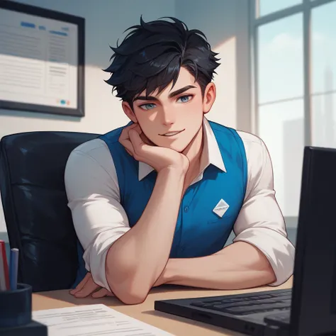 ２０generation　Male black hair　Hairstyle： casually style slightly long short hair　 slender　 salaryman　Wear long sleeves of a Y-shirt with arms rolled up to the elbow 　suit　Delicate beauty　 office　 Computer 