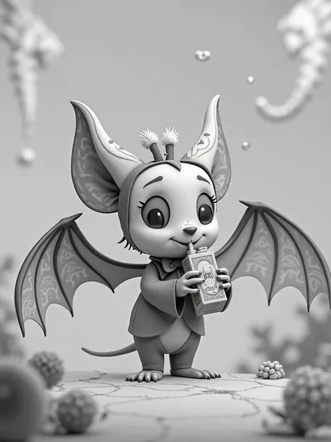 4k image of an animated character ,  this is a bat drinking juice from a box