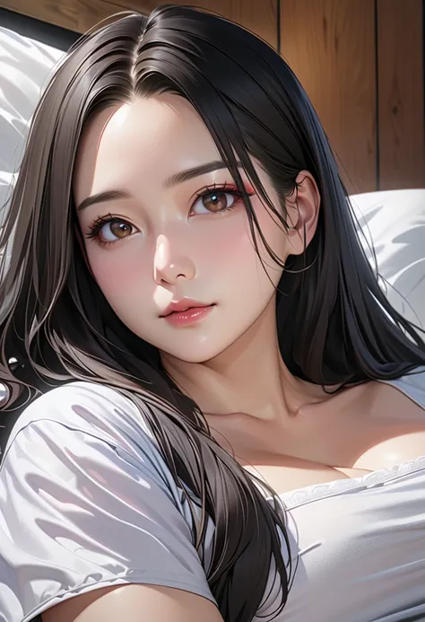  portrait, realistic, (masterpiece, top quality , super high res),  black hair,  long hair, ((35-year-old married woman , makeup, Extremely large breasts)), (Highly detailed face 8k), close, In the futon, 主観者に跨る,  fluffy pajamas that span subjectivity