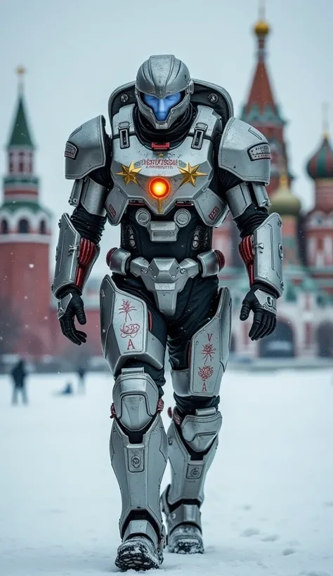 "A cinematic, ultra-detailed Russian-themed armored suit with rugged, industrial plating. The armor is predominantly silver, with red and gold accents and a large glowing star in the center of the chest reactor. Subtle Cyrillic engravings and frost-like te...