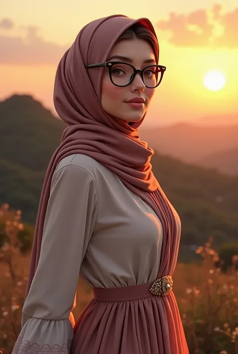 Full body shoot. A beautiful and cute woman with a sweet face and full of charisma, wearing glasses and an elegant headscarf. She wore graceful and enchanting clothes, which added to her aura of beauty. This woman is standing in the middle of a beautiful n...