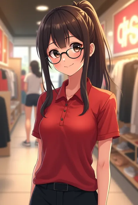 A close view of young anime woman standing in a store, with long brunette hair with ponytail and black eyes, wearing black glasses with round lenses, wearing red skinny polo shirt with short sleeves and black trousers, wearing white sneakers, looking with ...