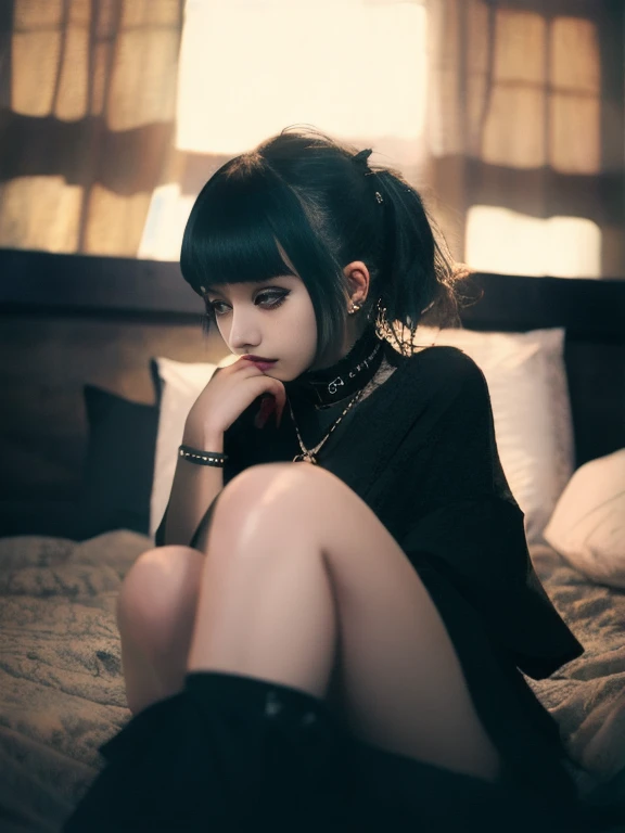     bed、   DIESEL PUNK      ,       Atmospheric volumetric fog      , masterpiece,       illustration,  top quality , 8k,      high res  ,       wallpaper,       cinematic lighting  ,      1 Japanese woman     、    beauty 、     gothic makeup     、 Big Brea...