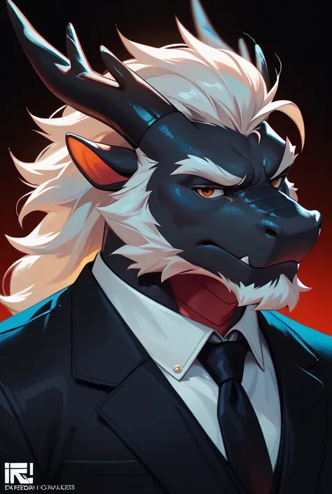 concept art, anthro black dragon, furry, stern, black suit, eastern black dragon, dark background, hi-res, black scales, white beard, concept art, stern