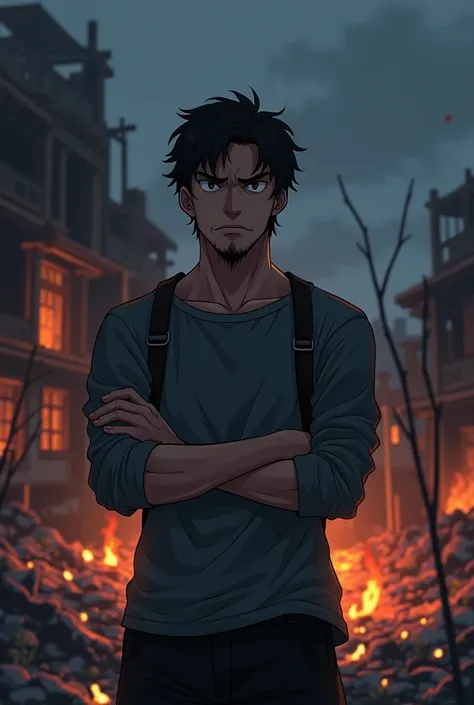 Sad 30 year old man angry sitting crossing arms watching the ashes of his house anime 