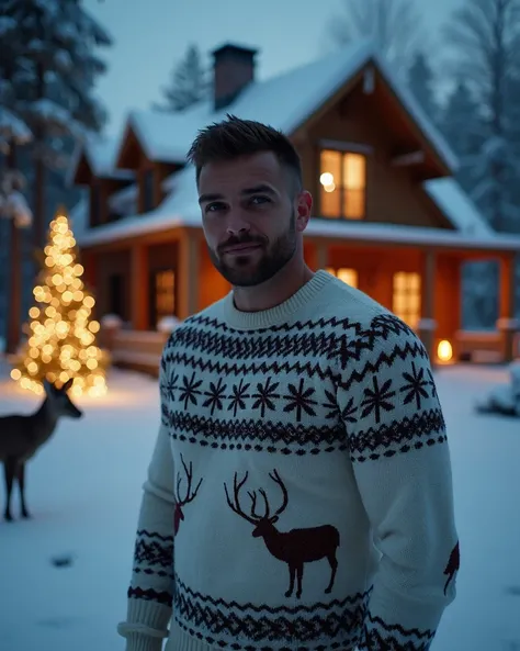 Ultra wide angle shot from a distance: A 30-year-old handsome man with a muscular physique, quaff hairstyle and trimmed sides, stands outside a large wooden house amidst a snow-covered field. He wears an ugly white Christmas sweater, his short trimmed bear...