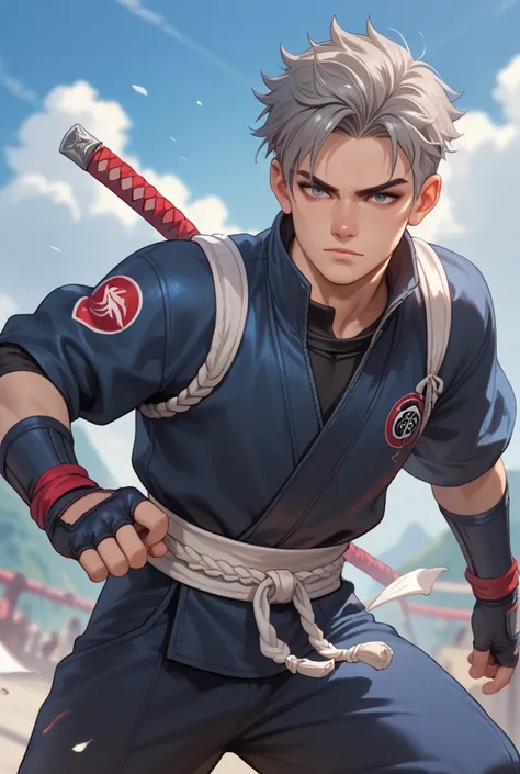 Ninja,feral outfit,gray hair,bronze hair,badass,teenager,male