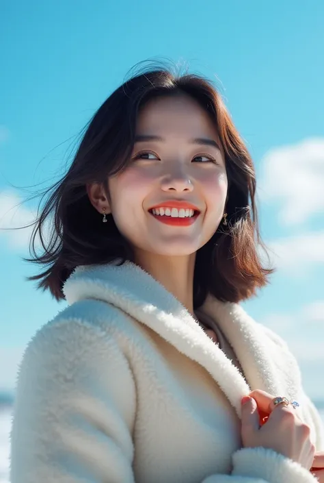  under the blue sky　 asian beauty with medium dark hair。 has a cute smile　Asian beauty with long dark hair in winter clothes 　Upper body photo　Shooting from an oblique angle　Hi-Vision 8k 