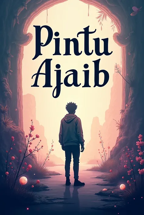 Book cover design for "Pintu Ajaib", a collection of fantasy short stories. The cover should reflect the emotional range of the stories—moments of joy, wonder, mystery, and perhaps a touch of melancholy. Visual elements could include: a single, silhouetted...