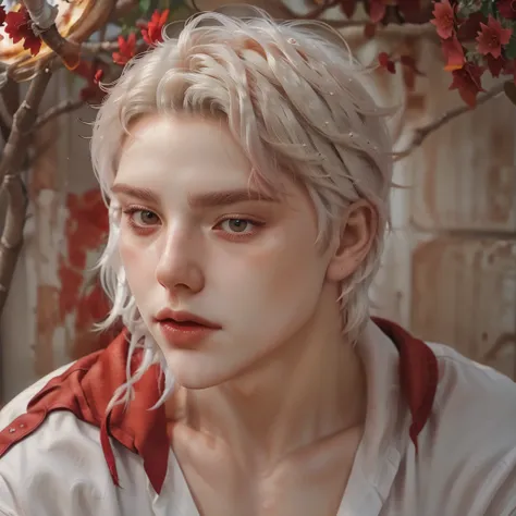 Primer plano de un man, , man, man delicado,  white hair, eyes color crimson , eyes color rojo, red eyes, red eyes, eyes color ((crimson )), sharp features, traits,  white skin , a flower in the hair,  white skin  de porcelana pálida, pale porcelain skin, ...