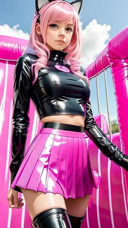  teenager with pink hair,  slim model , Latex top , pleated latex skirt, latex arm warmer  ,  knee-high latex boots, Cat ears, bouncy castle, realistic 